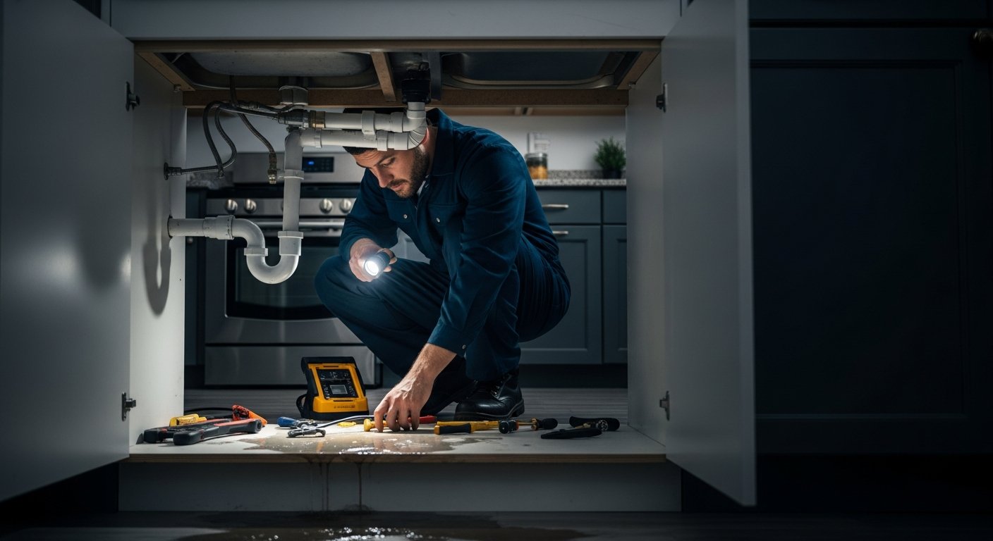 Professional emergency plumber working under a kitchen sink with a torch and wrench on copper pipework in a Sheffield home