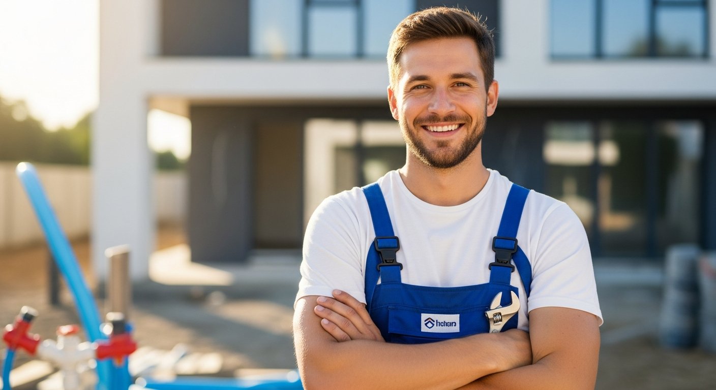 Friendly plumber in a navy polo shirt arriving at the front door of a Sheffield terraced house at dusk with tool bag in hand